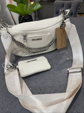 Steve Madden Cream-White Leather Crossbody with Chain and Detachable Strap